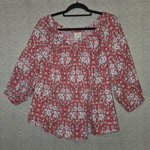 St. John's Bay Peasant Blouse Classic Women's XL Red Boho Floral FLAW